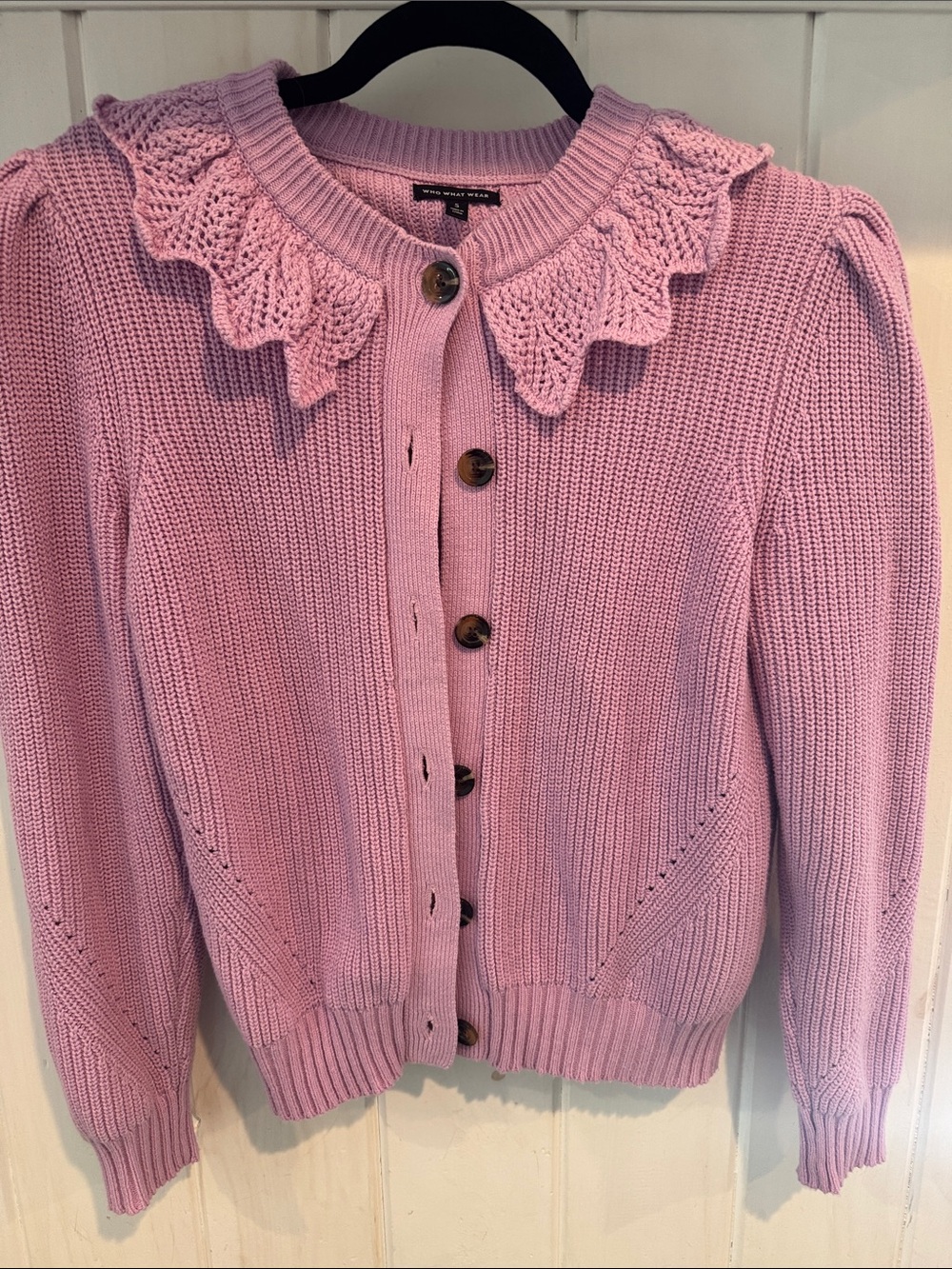 Who What Wear Ruffle Crochet Knit Puff Sleeve Cardigan - Lavender - size small